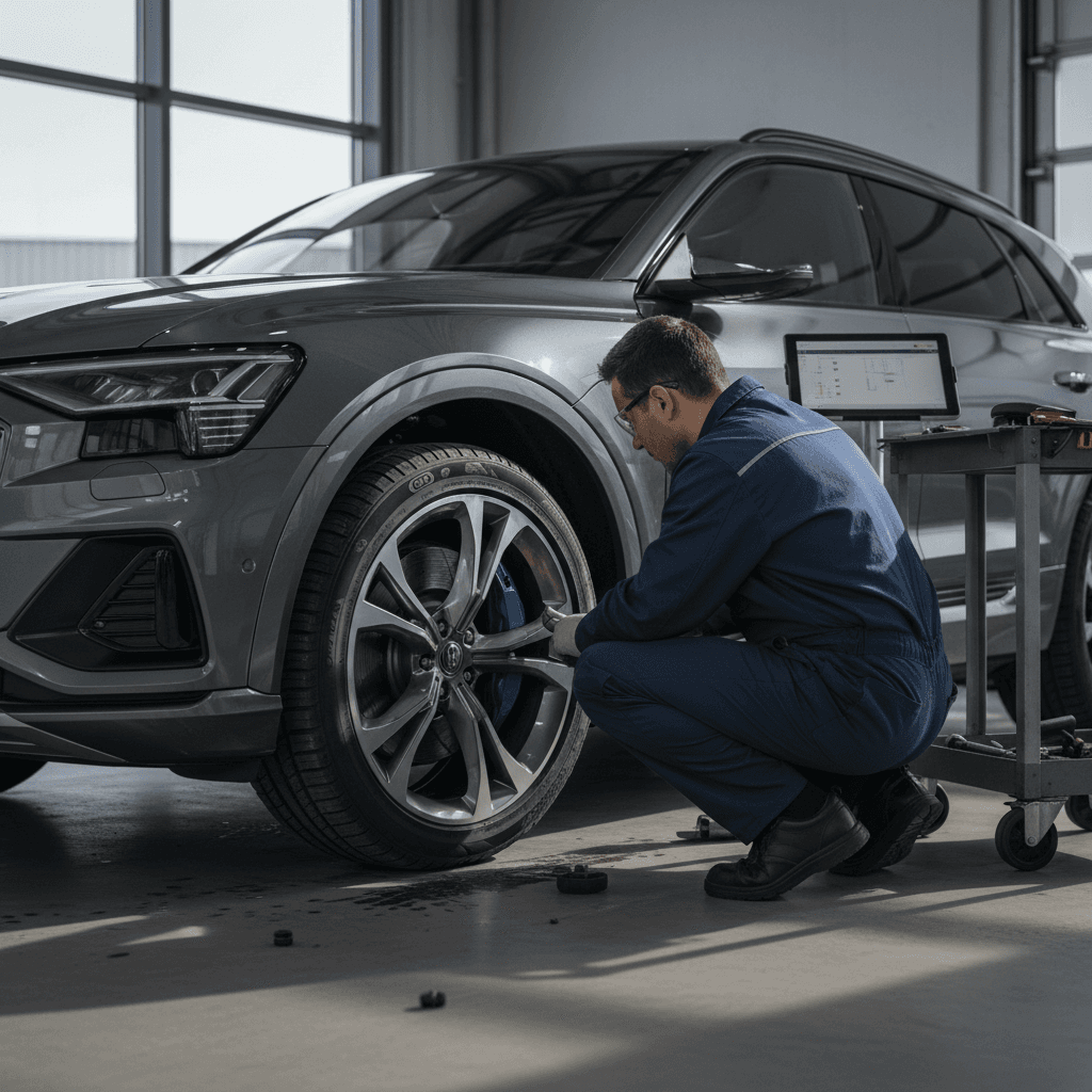 Technician inspecting the high-voltage battery and suspension of a Kia EV6 on a lift