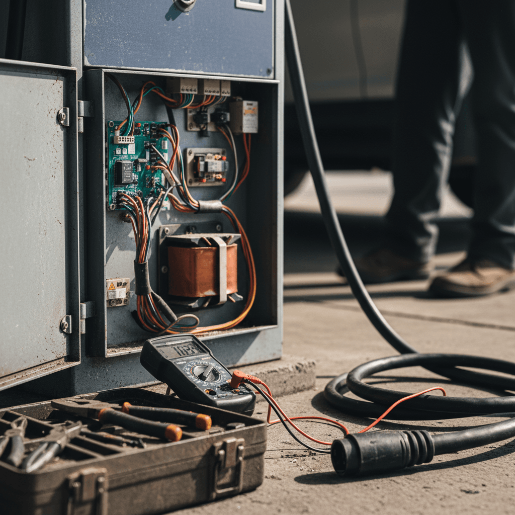 Licensed electrician inspecting the wiring of a wall-mounted home EV charger