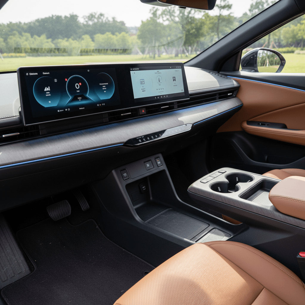 Nissan Ariya interior showing dual screens, ambient lighting, and open flat floor that feels more upscale than a typical compact SUV