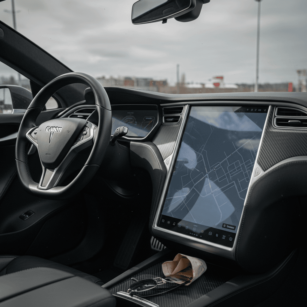 Interior of a 2021 Tesla Model S showing yoke steering wheel and center touchscreen while parked at a Supercharger stall
