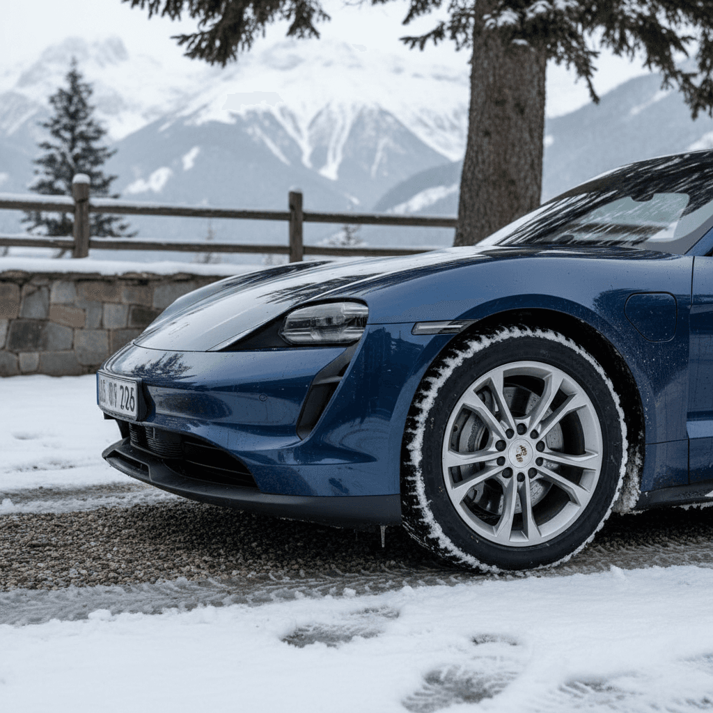 Porsche Taycan Cross Turismo wearing winter tires parked in a snowy driveway with ski gear nearby