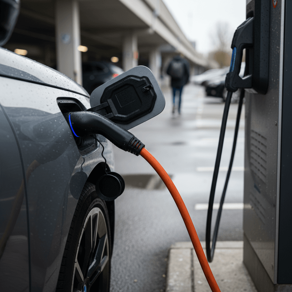 BMW iX plugged into a DC fast charger with close view of the charging port and cable