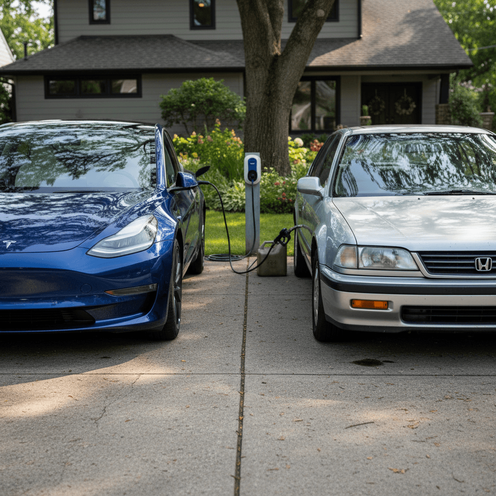 Tesla Model 3 and Honda Accord parked side by side in a driveway, showing size and style differences