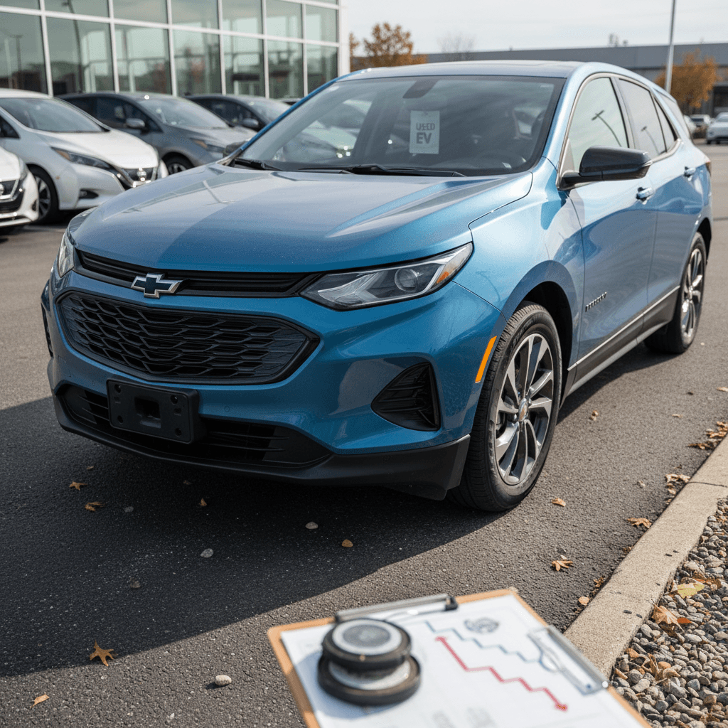 Used Chevrolet Equinox EV parked on a dealer lot with other electric SUVs