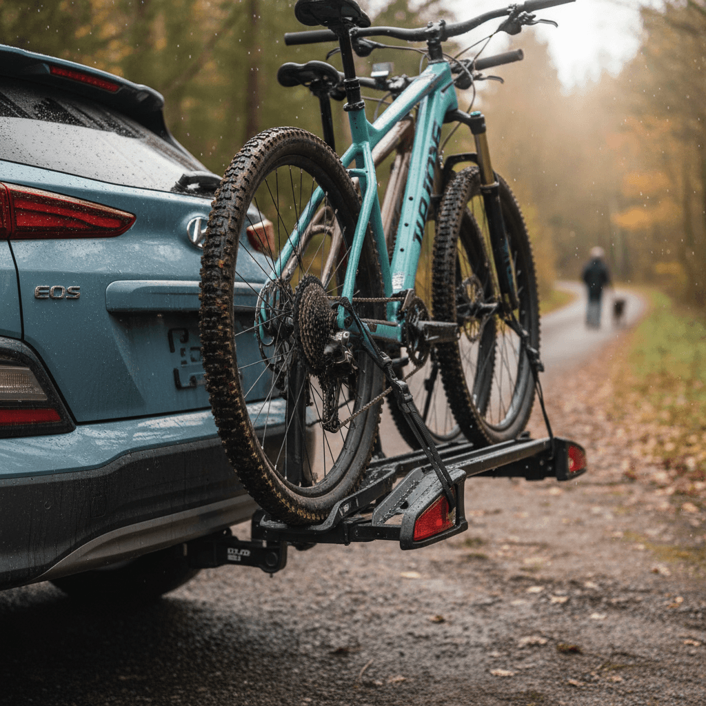 Hitch-mounted bike rack with two bicycles on a Hyundai Kona Electric parked near a trailhead
