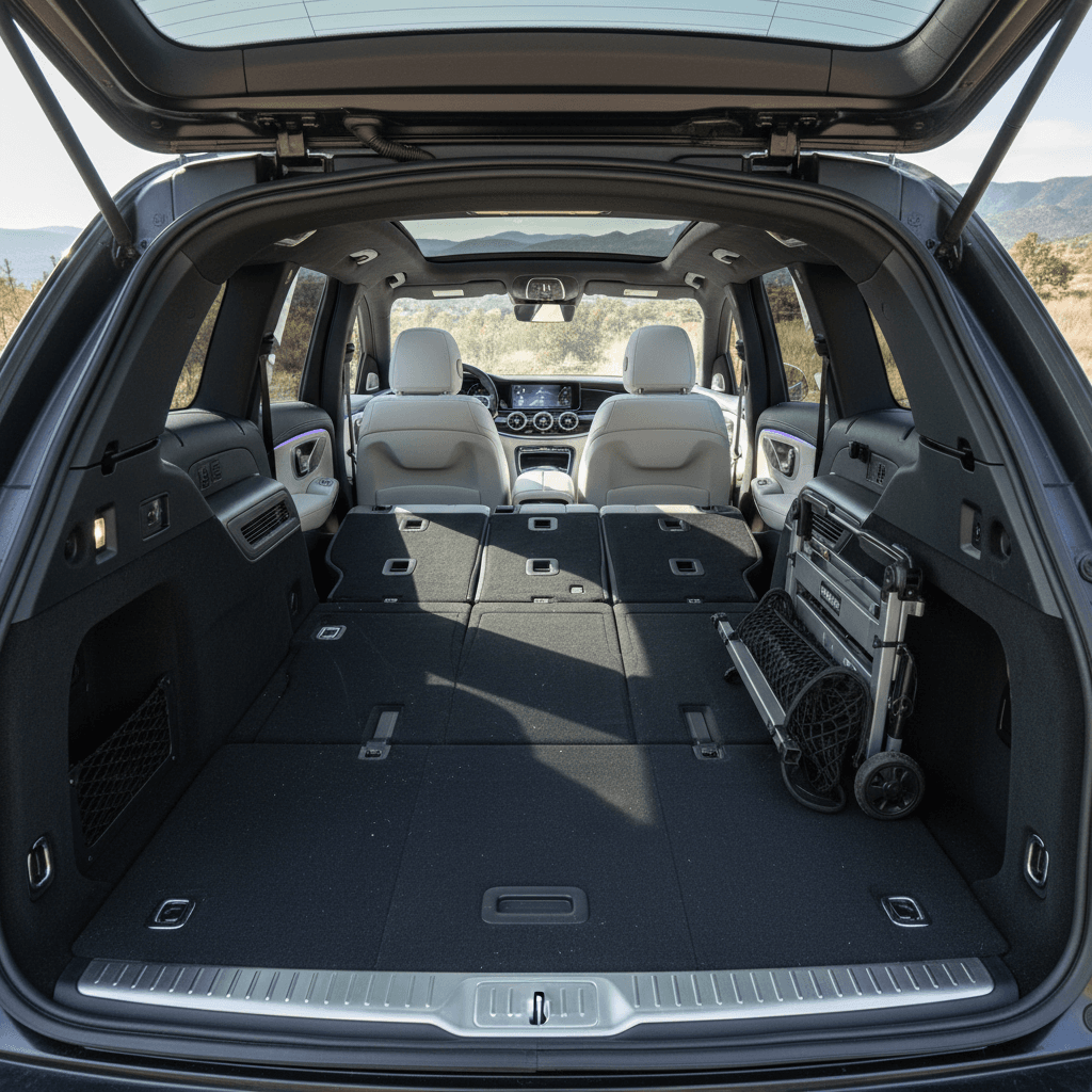 Mercedes EQS SUV interior with second and third rows folded flat to maximize cargo space