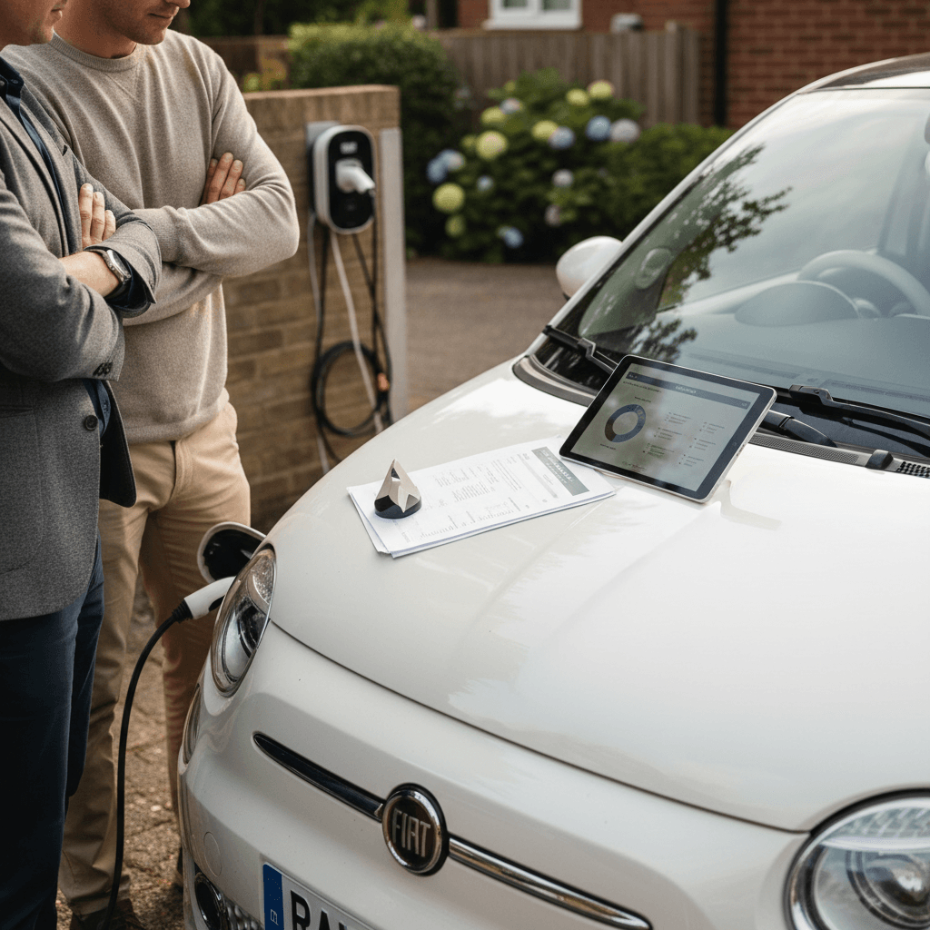 Driver discussing auto insurance options with an agent while standing next to a compact electric car in a driveway