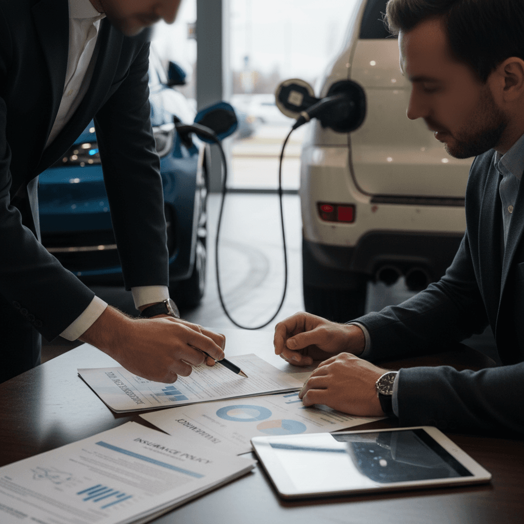 Illustrated comparison of an electric car and a gas car side by side with value curves showing depreciation over time