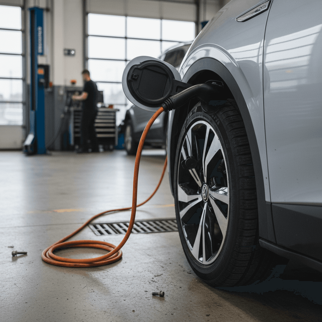Volkswagen ID.4 plugged into a charging station in a service bay with technician inspecting the front wheel and suspension area