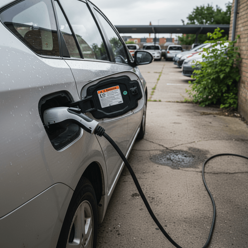 Hybrid car dashboard showing high fuel economy reading on a digital display
