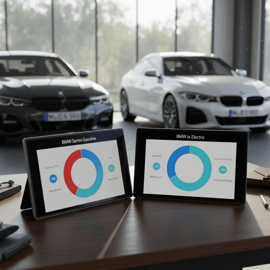Side-by-side bar charts showing annual fuel and maintenance costs for a BMW 3 Series compared with a BMW i4, with the i4 bars noticeably lower