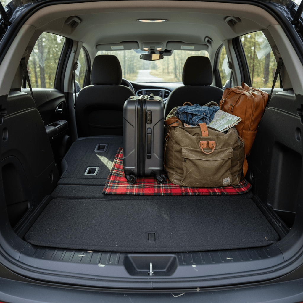 Nissan Leaf rear cargo area showing deep trunk well and split-fold rear seat, with luggage loaded to demonstrate height and width.