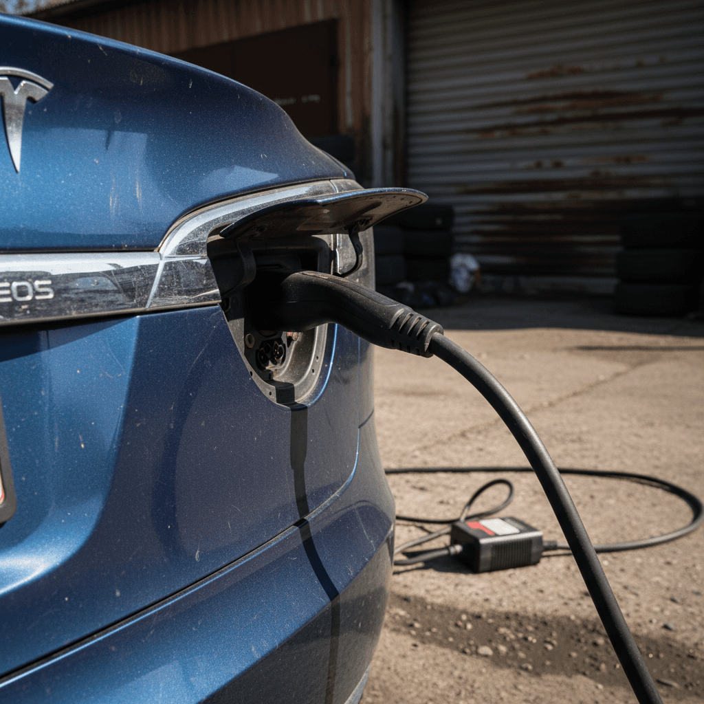 Older Tesla Model S interior with central touchscreen and visible seat wear