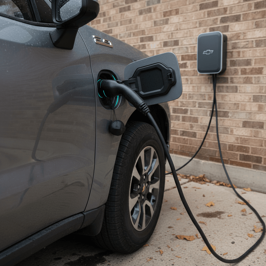 Chevrolet Silverado EV charging in a residential driveway on a Level 2 home charger