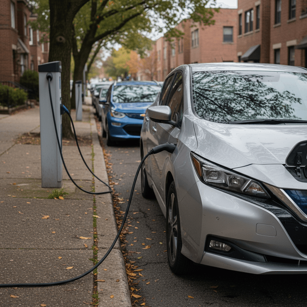Older Nissan Leaf parked on a city street as an example of a very cheap used electric car