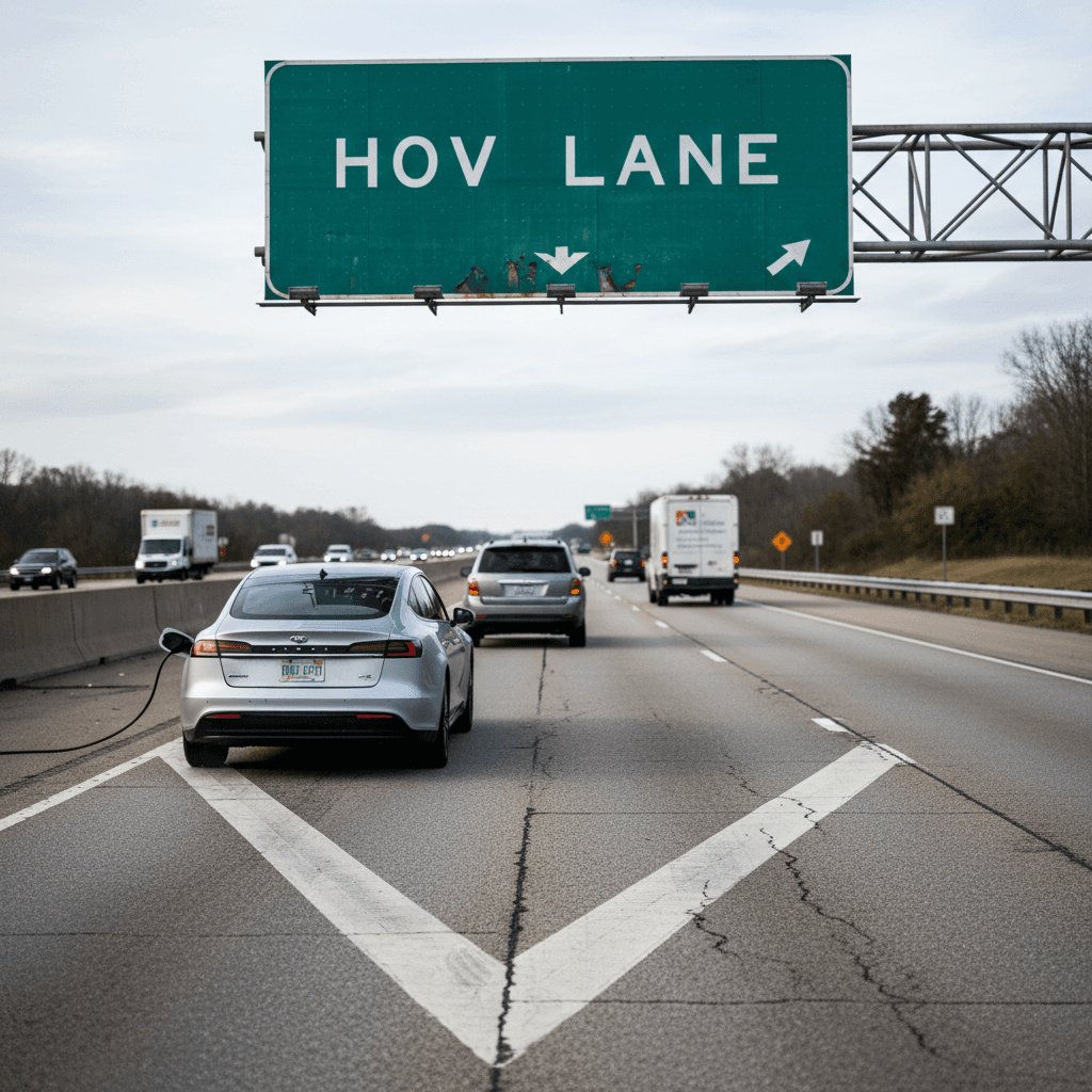 Tennessee interstate with HOV lane diamond marking and a mix of gas and electric vehicles in traffic