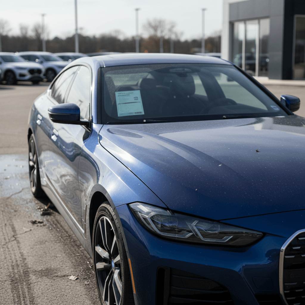 Used BMW i4 parked in a dealership lot with price tag on the windshield