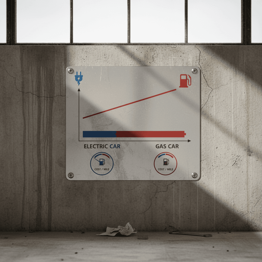 Simple chart comparing typical 2026 cost per mile of a gasoline car versus an electric car using home and public charging