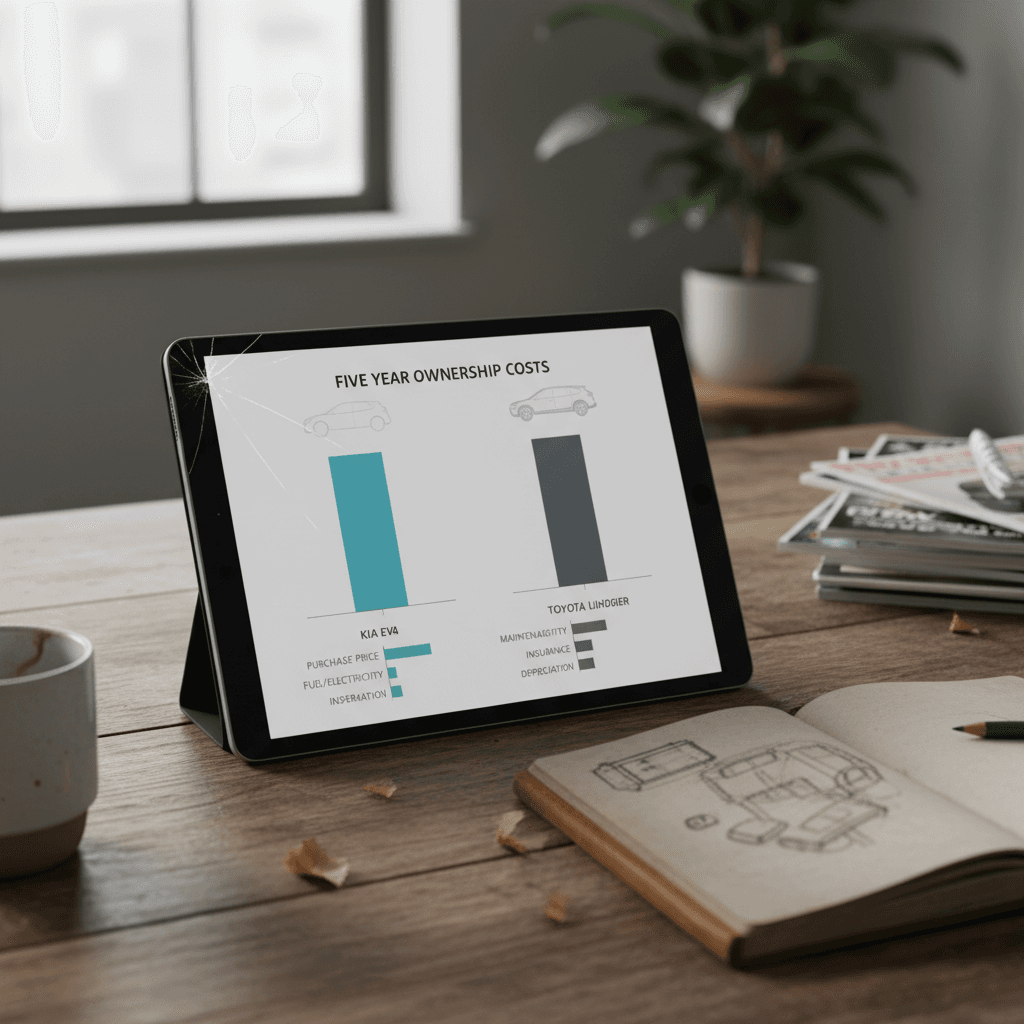 Side-by-side bar chart comparing five year fuel, maintenance, and insurance costs of Kia EV9 and Toyota Highlander