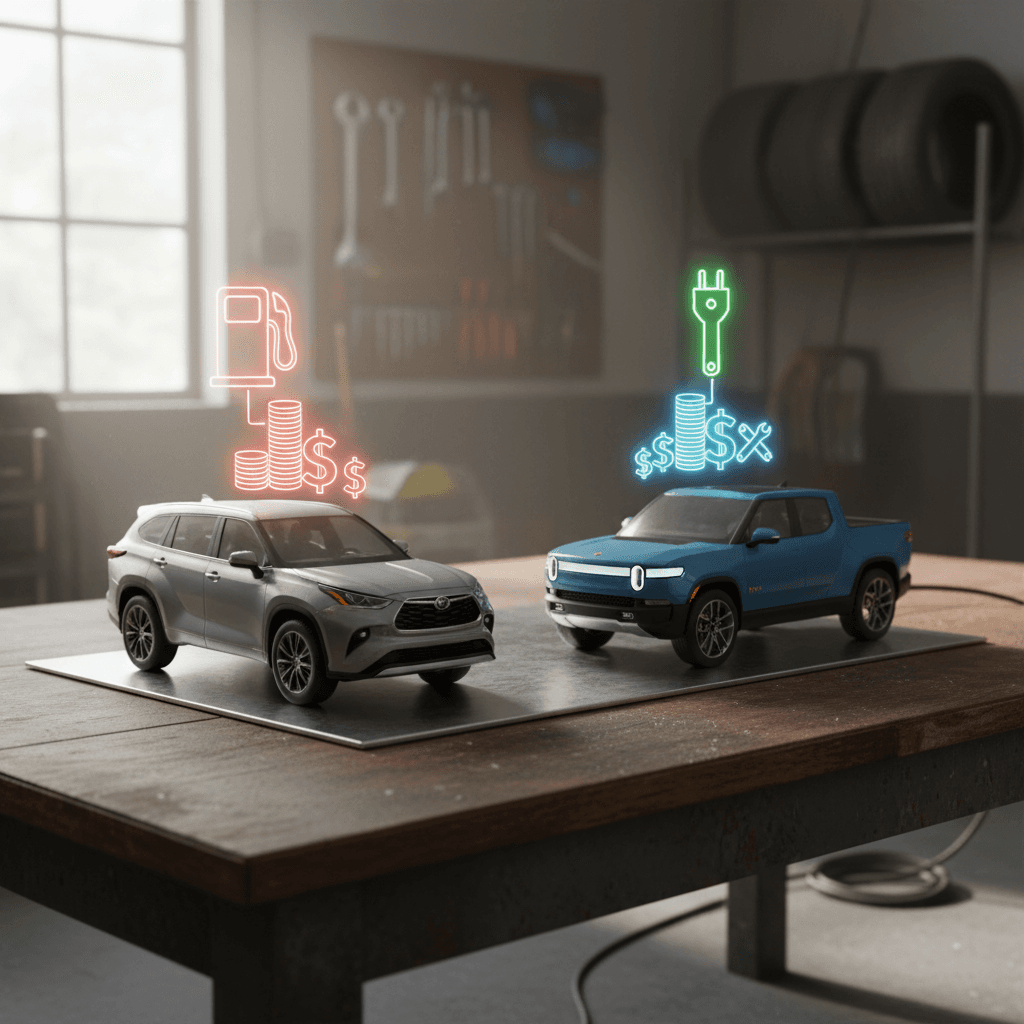 Side-by-side bar chart comparing annual fuel and maintenance costs for a Toyota Highlander and Rivian R1S for a typical U.S. driver