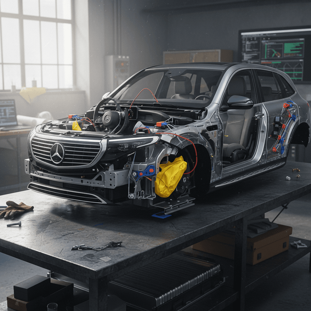 Diagram-style view of a Mercedes EQE SUV showing multiple airbags, crash structures and sensors that contribute to its five-star safety rating.