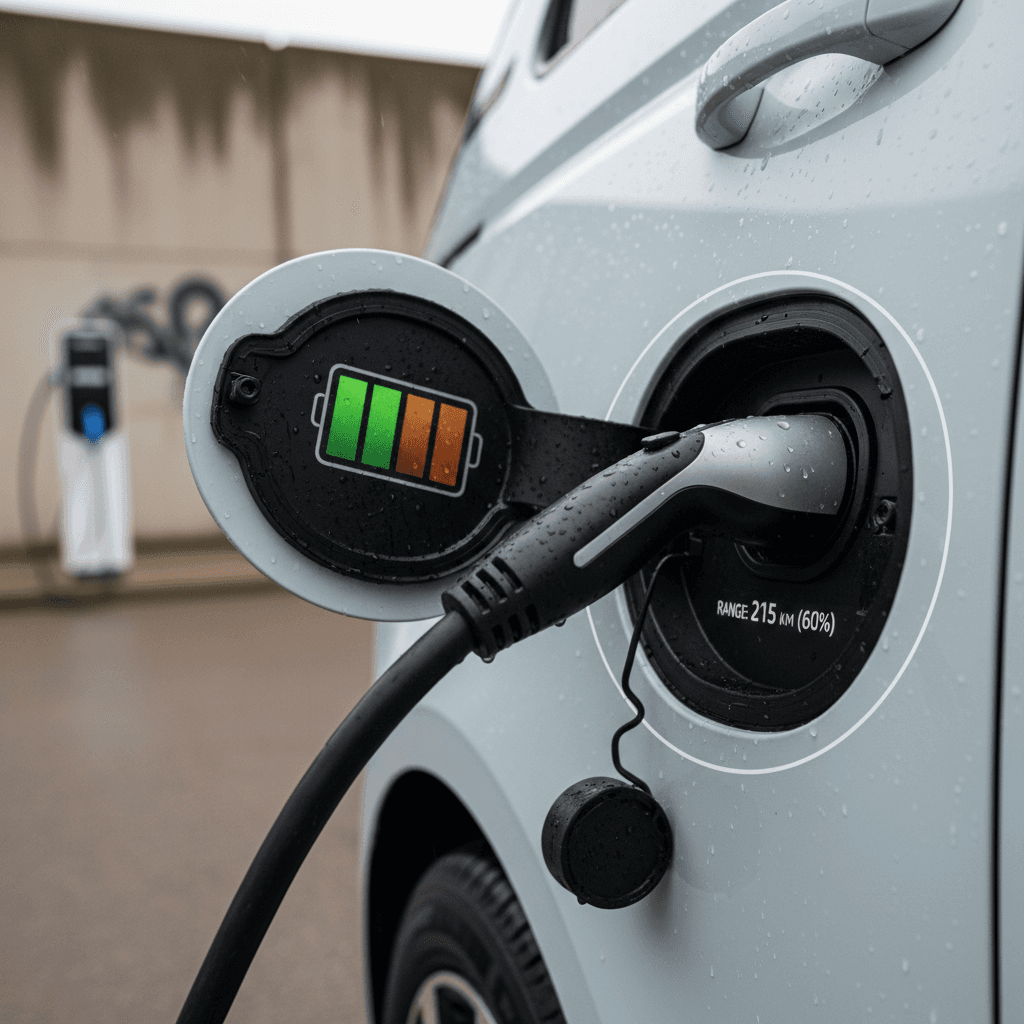 Close-up of a Volkswagen ID. Buzz plugged into a DC fast charger showing its charging port and cable