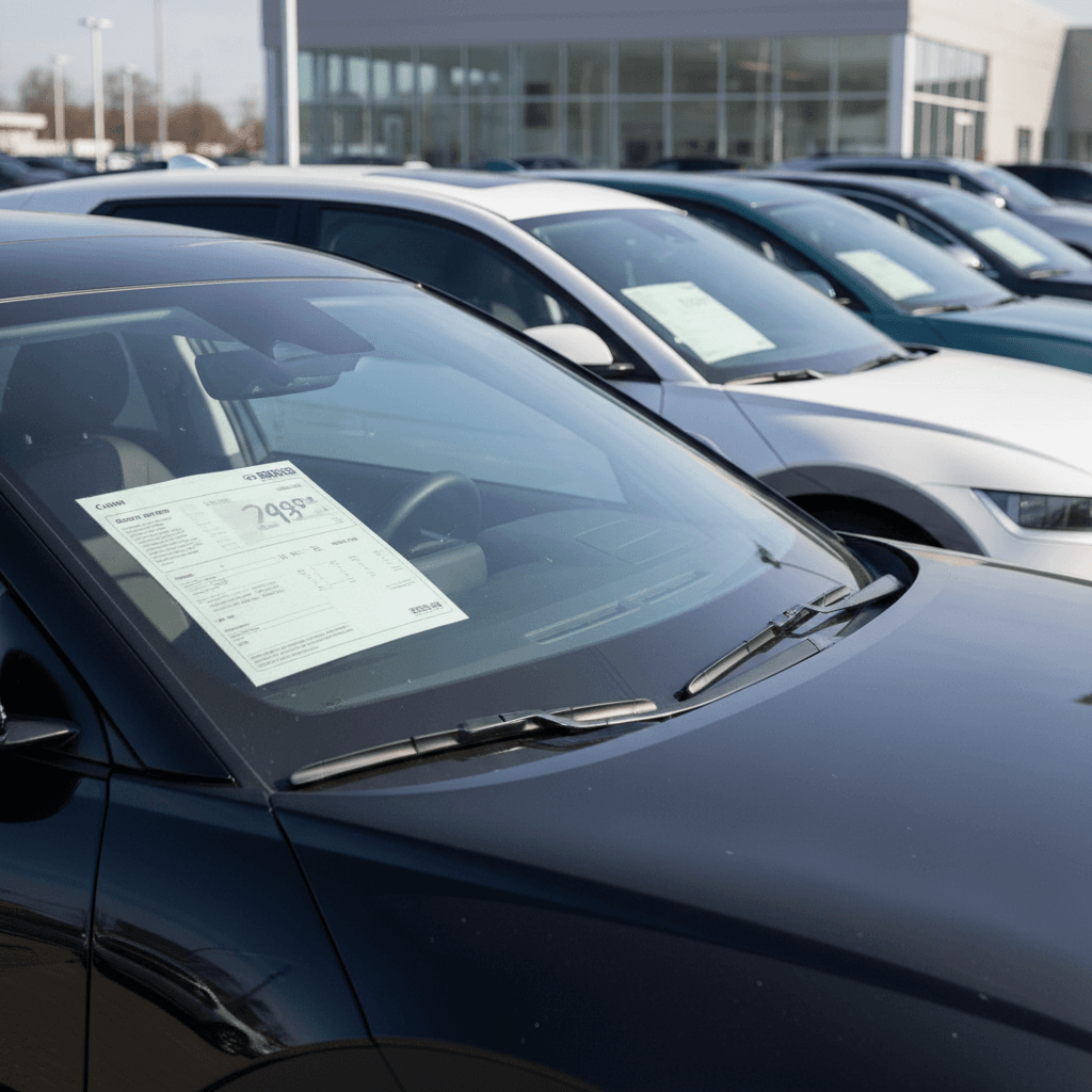 Line of used Hyundai IONIQ 5 SUVs parked at a dealer lot, each with price stickers on the windshield