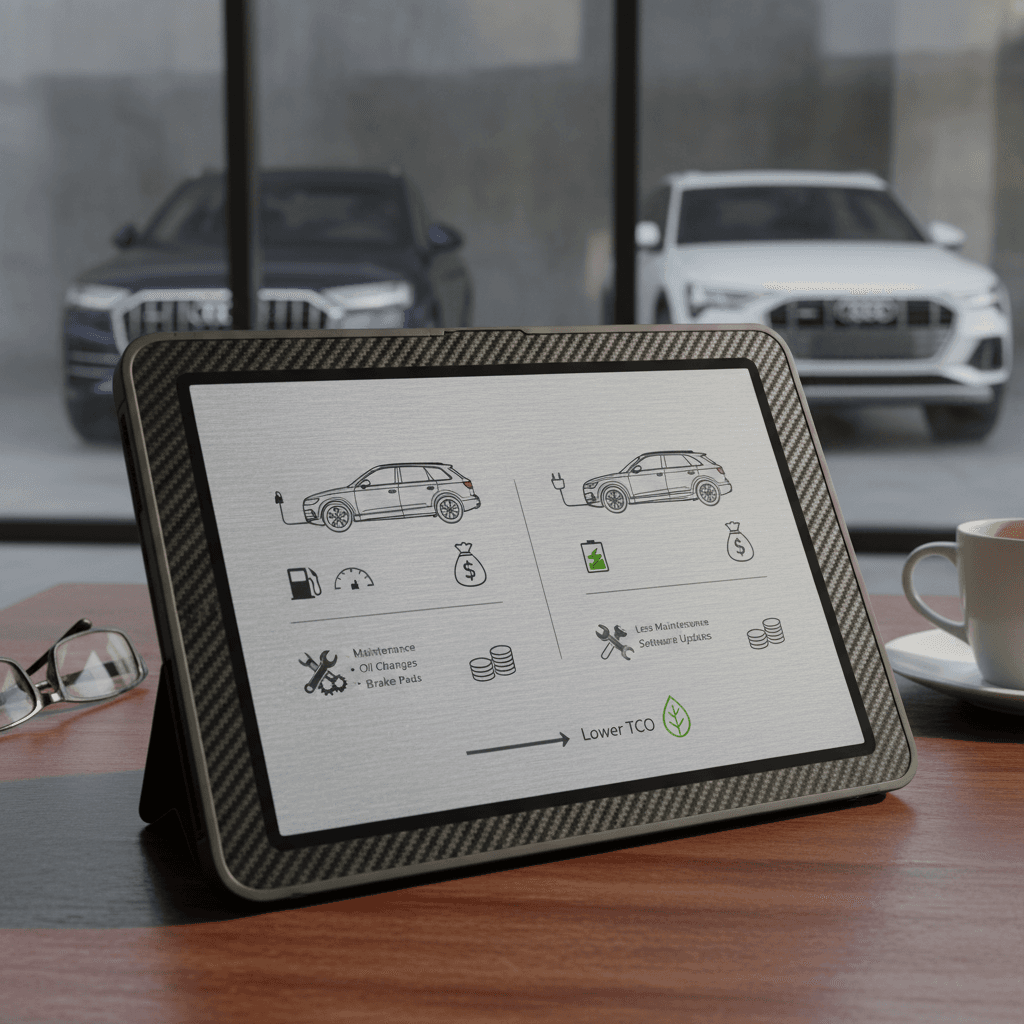 Side-by-side comparison graphic of Audi Q7 gasoline SUV and Audi Q8 e-tron electric SUV with icons for gas vs electricity and maintenance costs