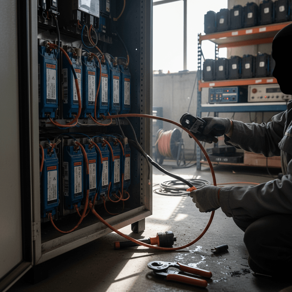 Technician wiring used EV battery modules into a stationary storage cabinet for second-life use