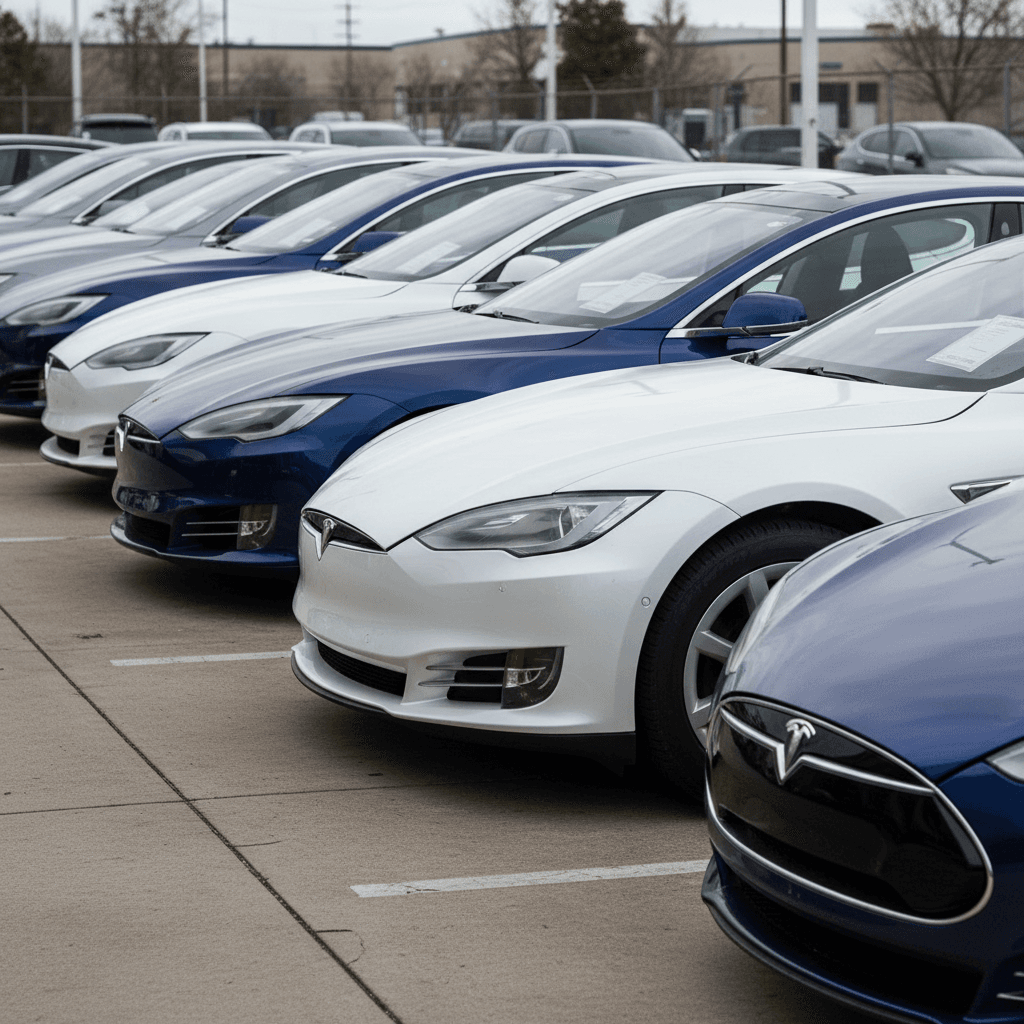 A row of used Tesla Model S sedans on a dealership lot with visible price stickers, illustrating three-year depreciation.