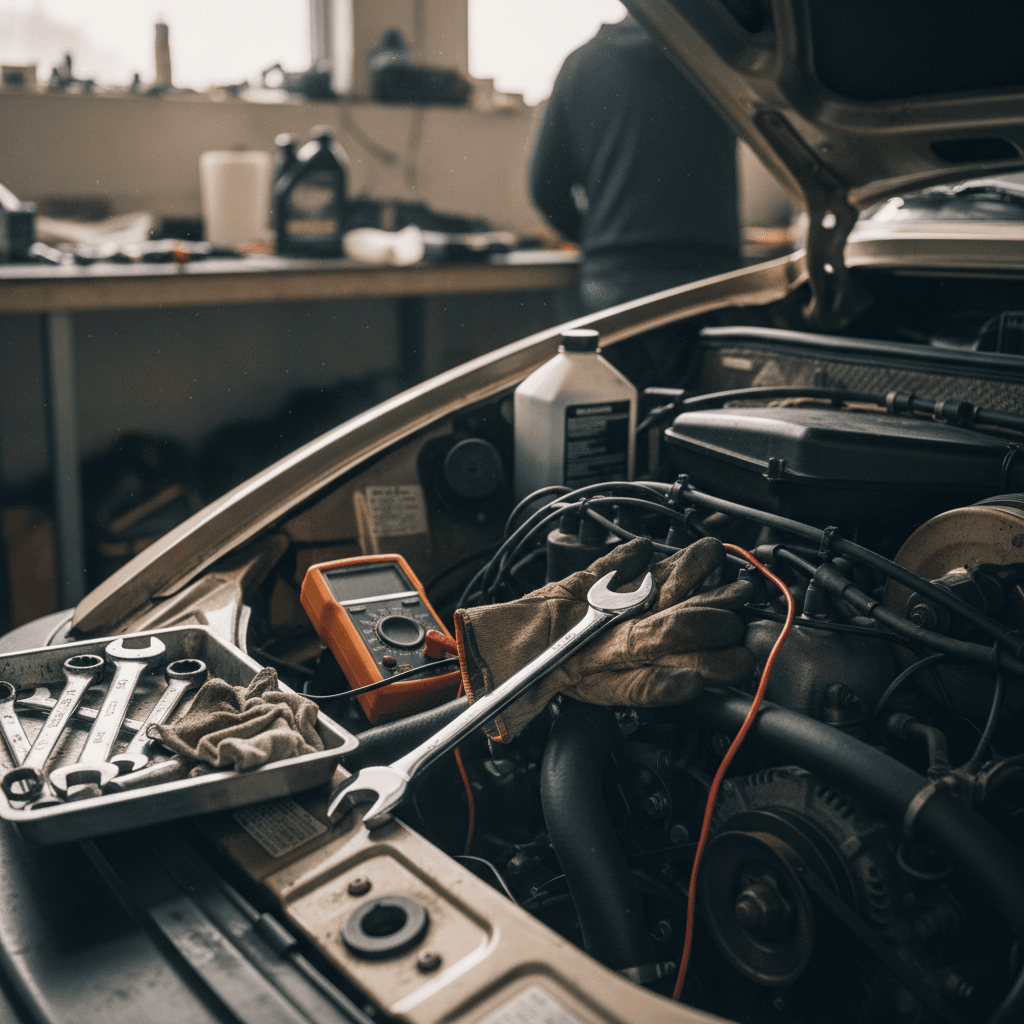 Mechanic inspecting spark plugs during a car engine tune-up in a modern repair bay