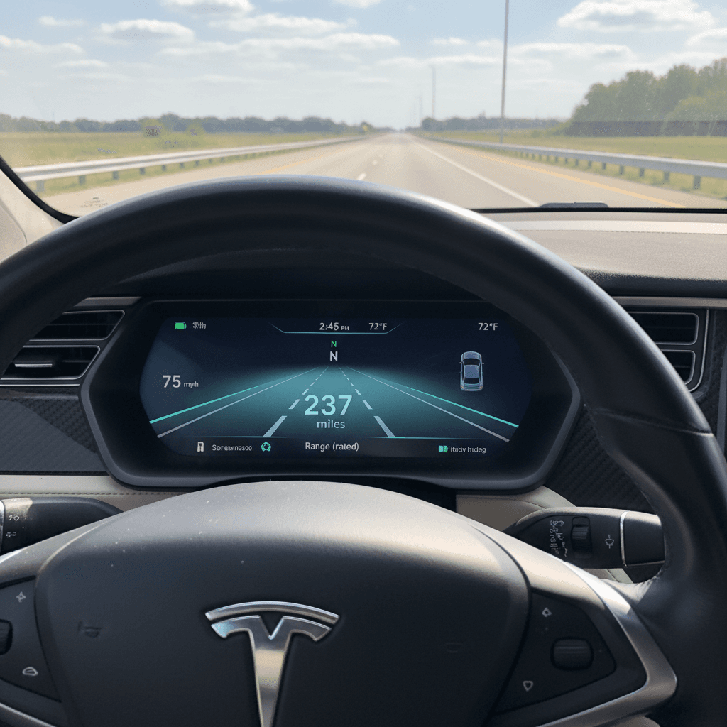 Close-up of a 2020 Nissan Leaf dashboard showing energy usage and remaining range during a test drive