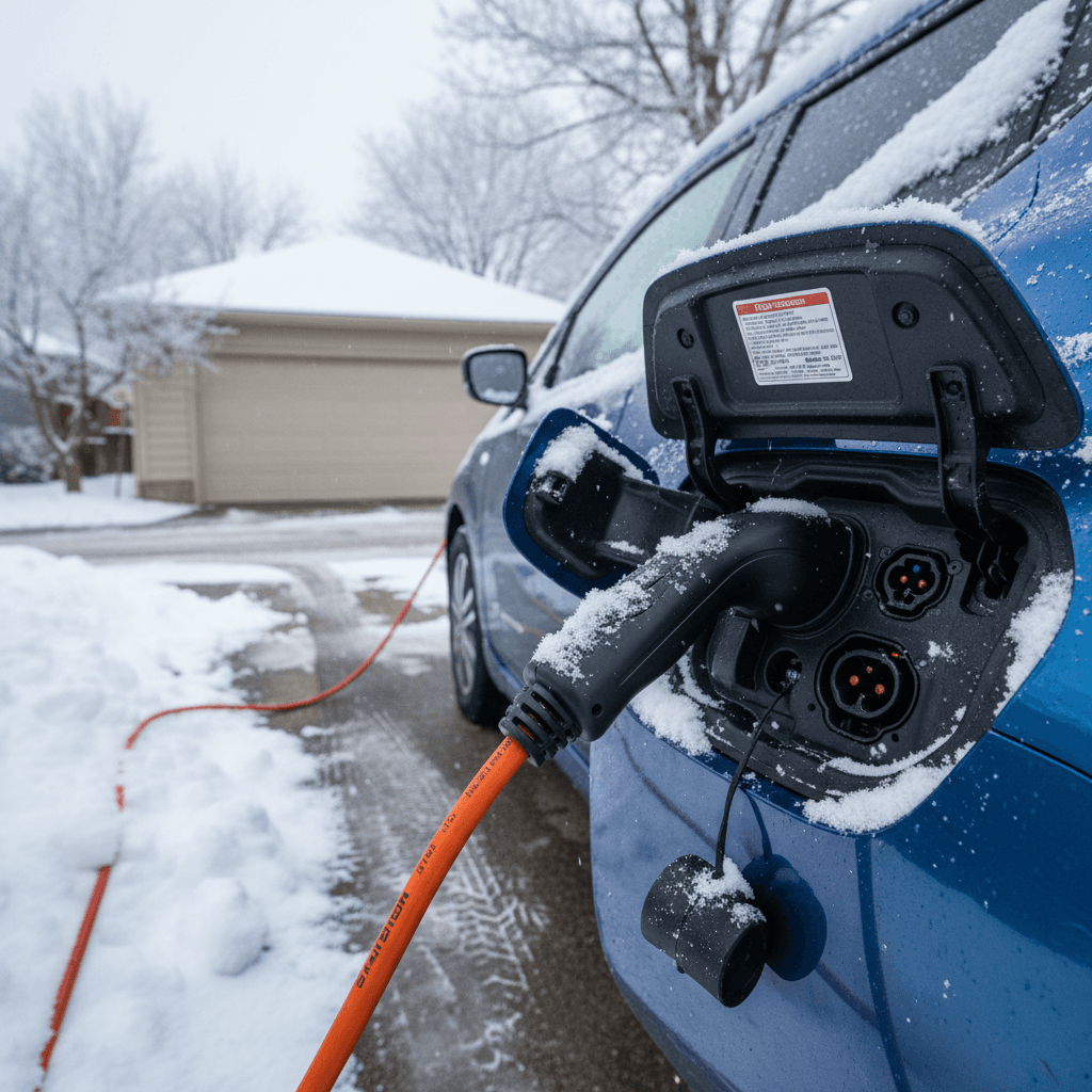 Nissan Leaf charging in a snowy driveway with cable plugged into front charge port