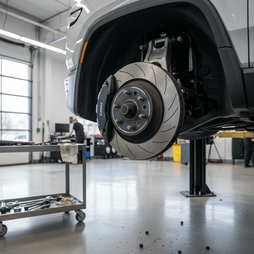 Rivian R1T wheel and brake assembly on a lift during tire rotation