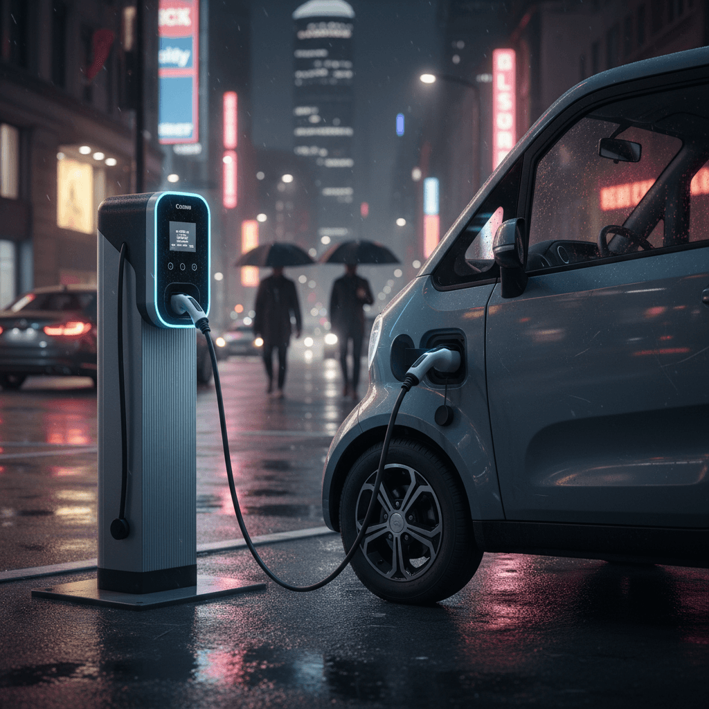 A small Wuling Hongguang Mini EV driving in an urban Chinese street