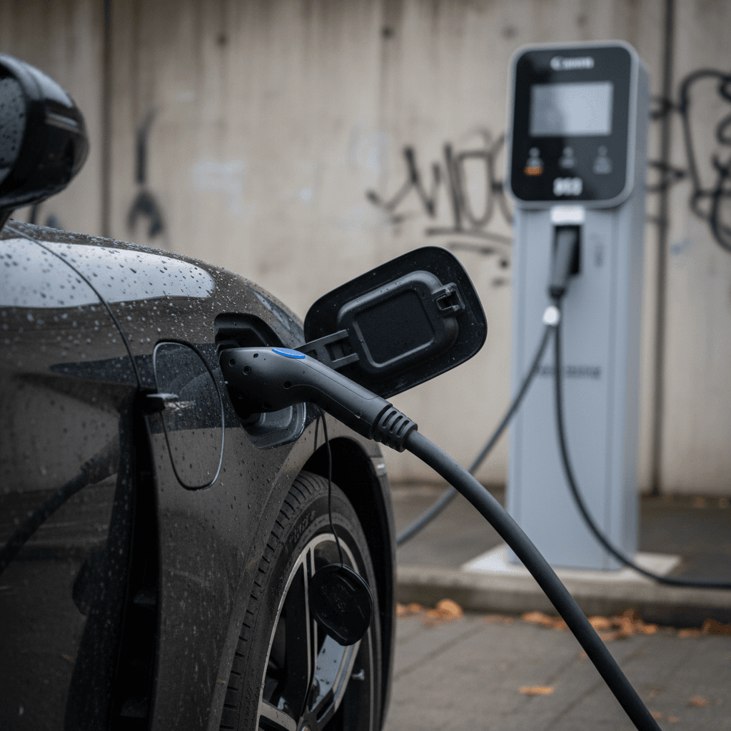 Porsche Taycan plugged into a DC fast charger, showing the charging connector at the port