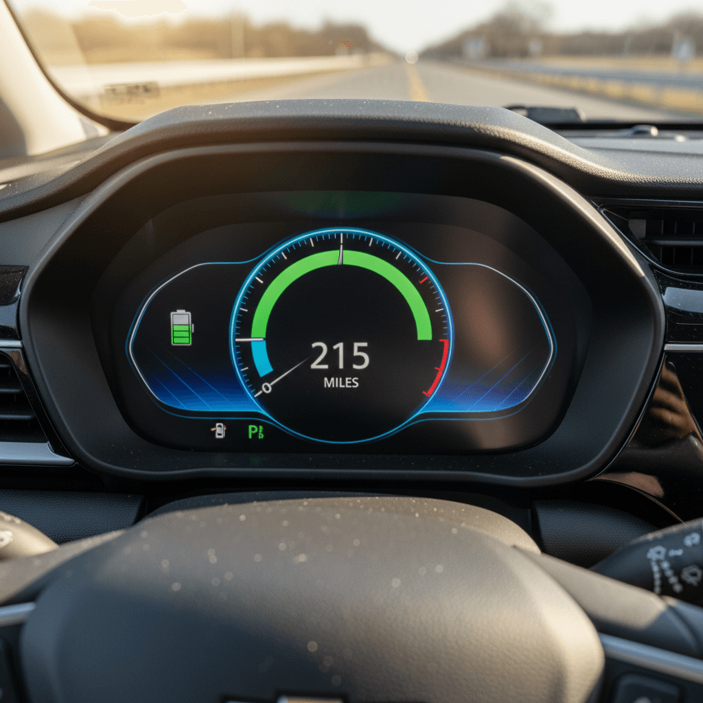 Close-up of a 2022 Chevy Bolt EV digital cluster showing remaining range, state of charge bars, and energy usage readout
