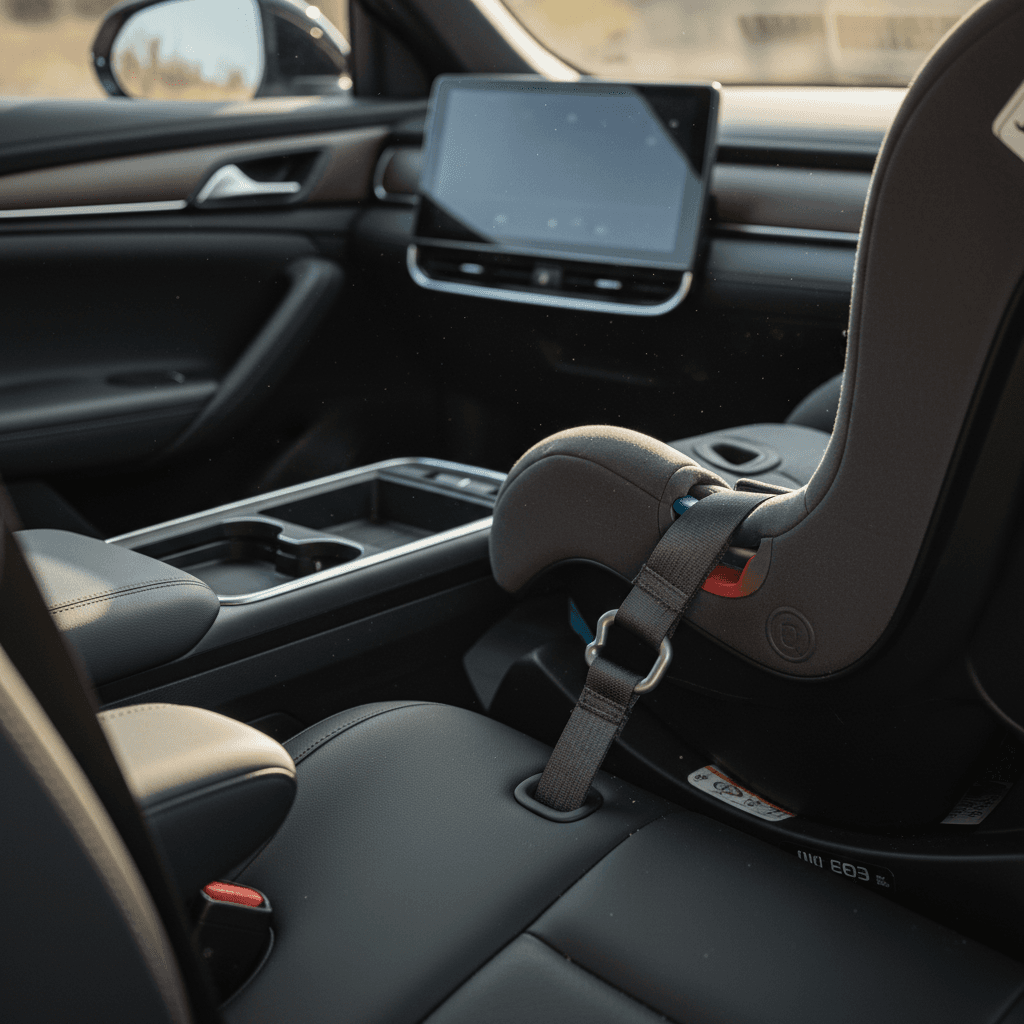 Rear seat of an electric SUV with child car seat installed using visible LATCH anchors