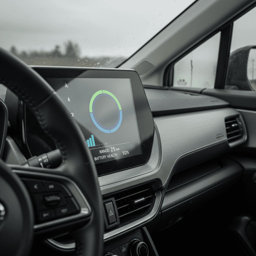 Subaru Solterra driver display showing battery state of charge and electric range estimate