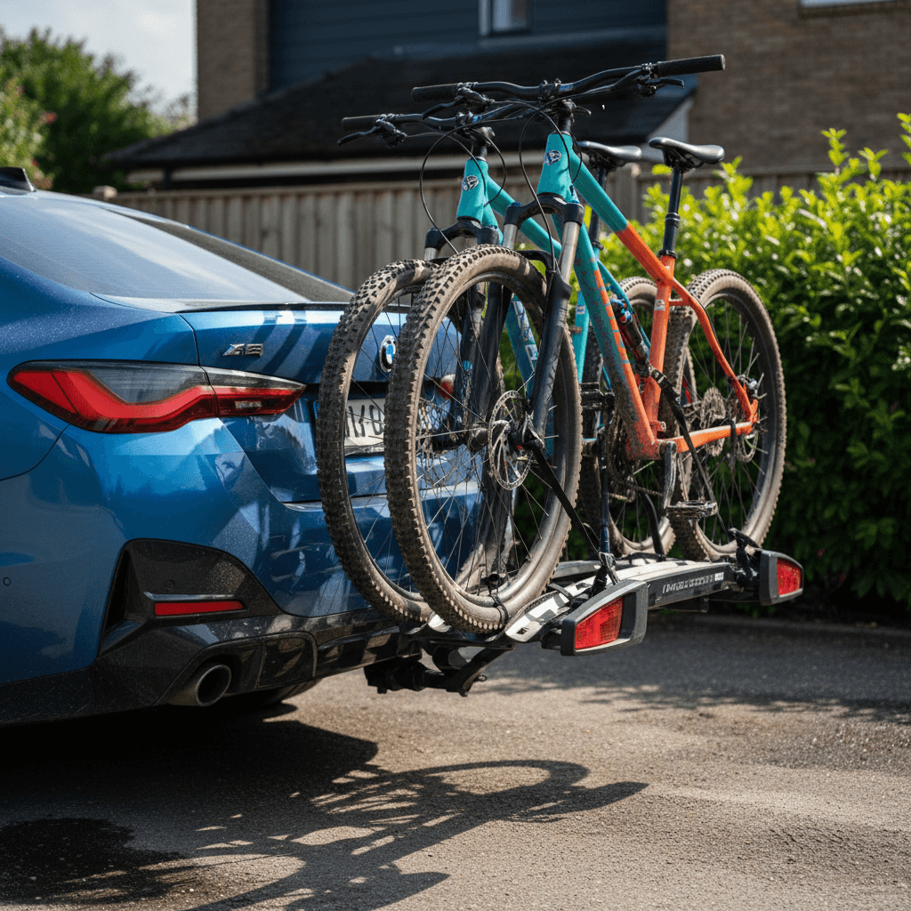Hitch-mounted platform bike rack with two bicycles on the rear of a BMW i4 in a driveway
