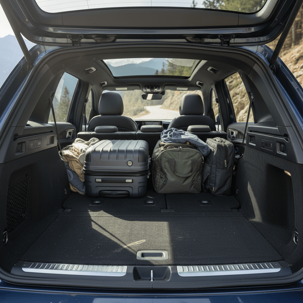 Mercedes EQB rear cargo area with rear seats folded flat and luggage loaded to illustrate cargo space