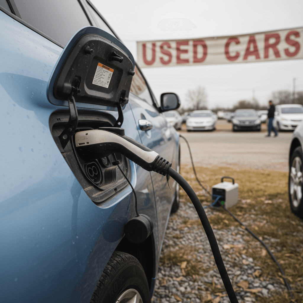 Row of used gasoline and electric cars parked in a dealership lot