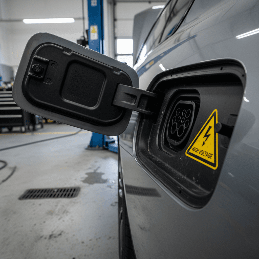 Technician inspecting the high-voltage battery system of a BMW i7 in a service bay