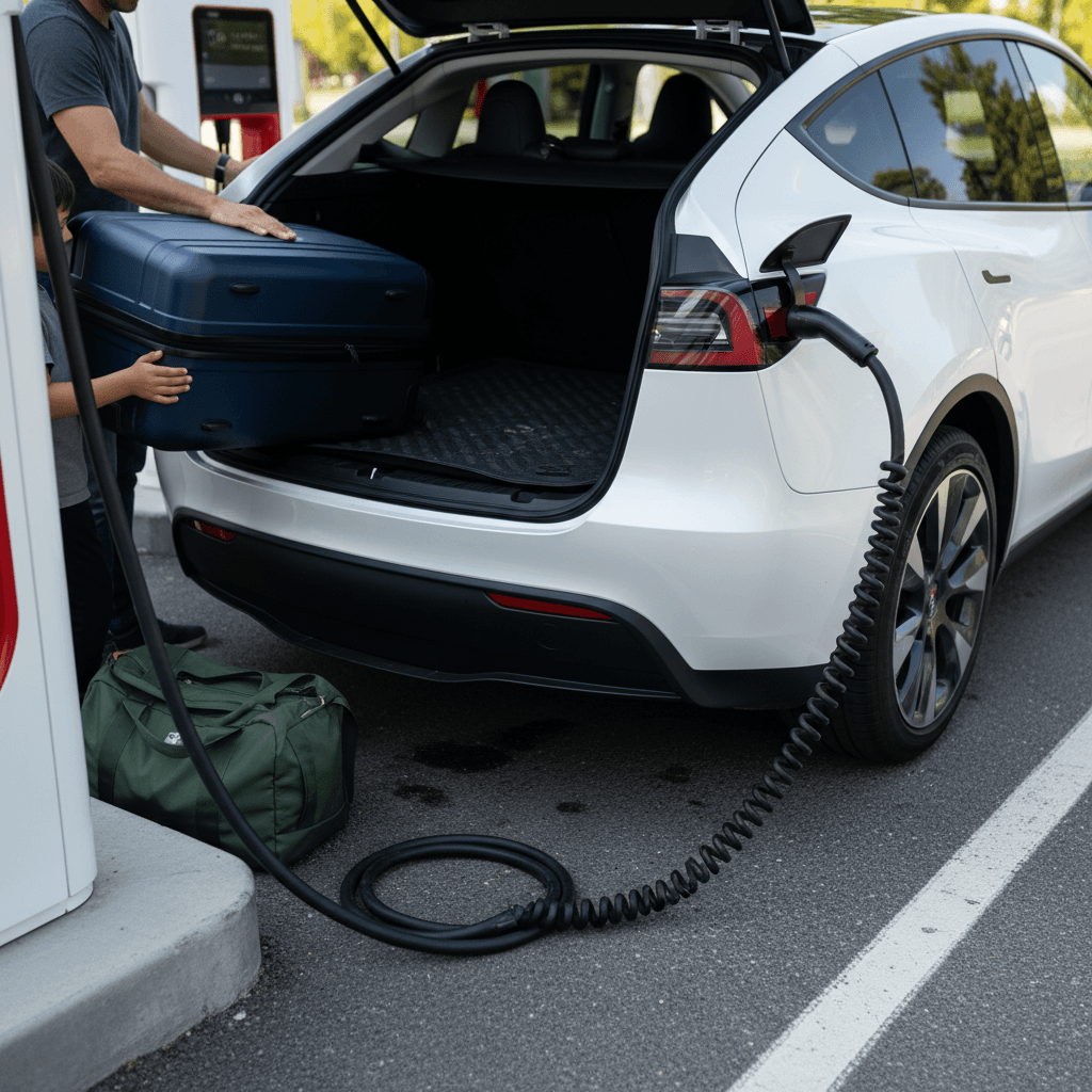 Family loading luggage into a popular electric SUV while it charges at a public fast charger, representing 2026 EV buying trends