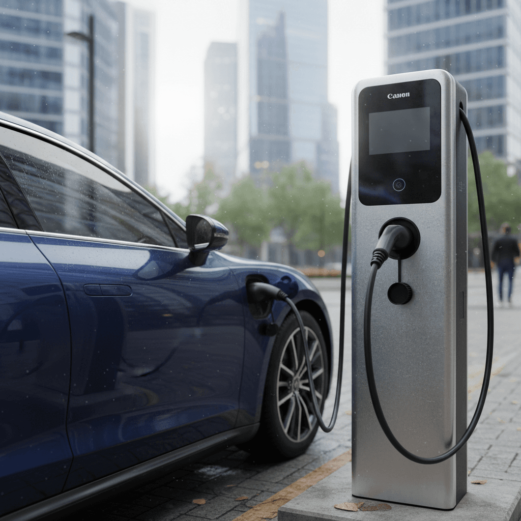 Modern electric vehicle charging at a public station with energy use shown on screen