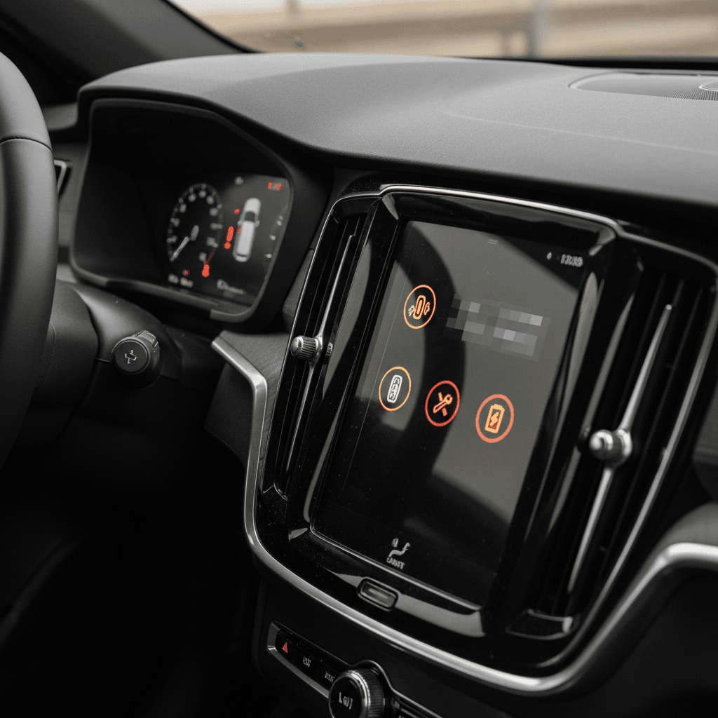 Interior view of a Volvo EX90 showing digital driver display and central touchscreen with system alerts