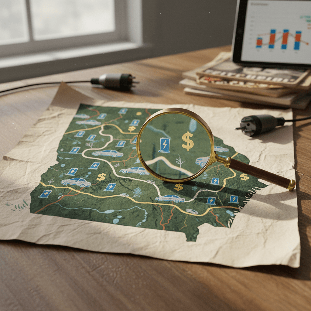 Stylized map of Georgia overlaid with icons for charging stations, electric cars, and dollar signs