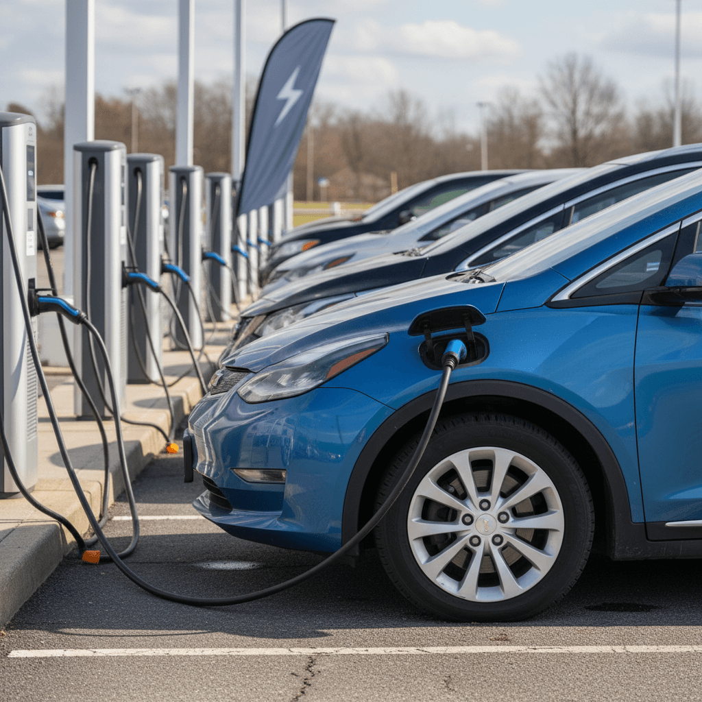 Row of used electric vehicles at a Virginia dealership with Level 2 chargers installed along the curb