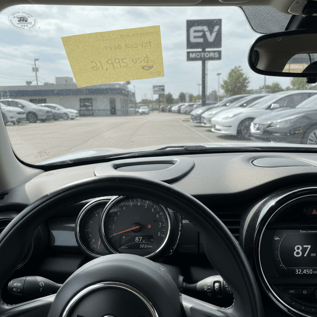 Used Mini Cooper SE on dealer lot with window sticker highlighting battery and range details