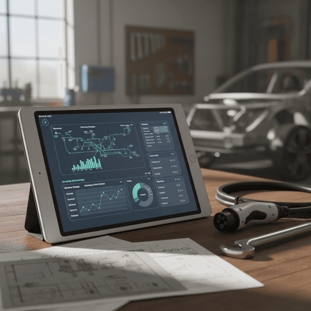 Electric vehicle dashboard showing battery state of charge and estimated driving range